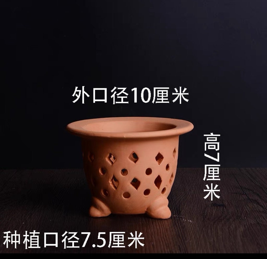 T3: Hand-made Pot by premier Yixing Purple Clay — three-legged pot with holes for root health, perfect for Neofinetia falcata/mini orchids